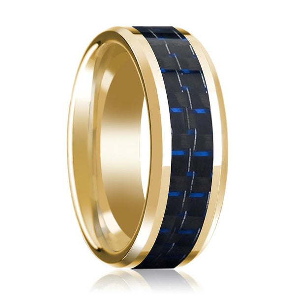 Men's Polished 14k Yellow Gold Wedding Band with Blue & Black Carbon Fiber Inlay & Bevels - 8MM