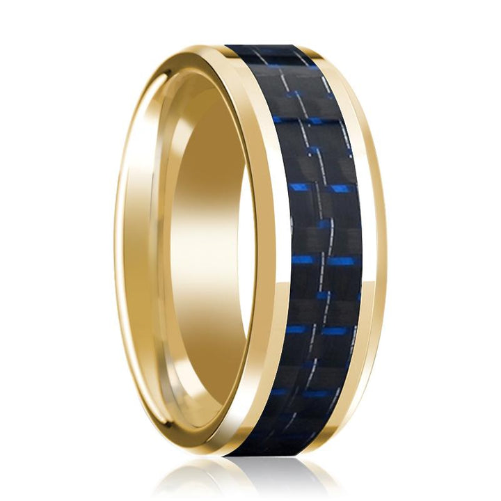 Men's Polished 14k Yellow Gold Wedding Band with Blue & Black Carbon Fiber Inlay & Bevels - 8MM - Rings - Aydins Jewelry - 1