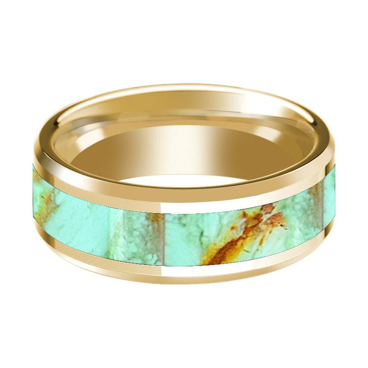 Men's Polished 14k Yellow Gold Wedding Band with Turquoise Stone Inlay & Beveled Edges - 8MM - Rings - Aydins Jewelry - 2