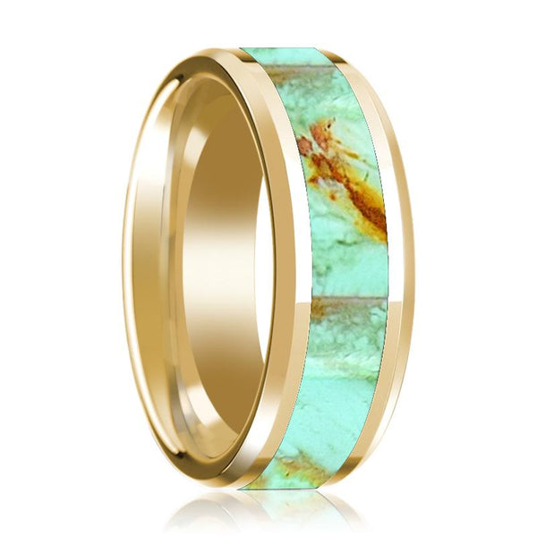 14K Yellow Gold Mens Wedding Ring Inlaid with Turquoise Stone Beveled Edge Polished Design - Rings - Aydins_Jewelry