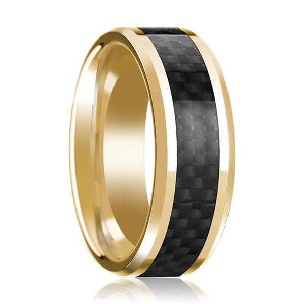 14K Yellow Gold Ring with Black Carbon Fiber Inlay Beveled Edge Wedding Band Polished Design - Rings - Aydins_Jewelry