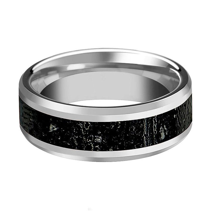 Men's Polished Tungsten Wedding Band with Black & Gray Lava Rock Stone Inlay & Beveled Edges - Rings - Aydins Jewelry - 2
