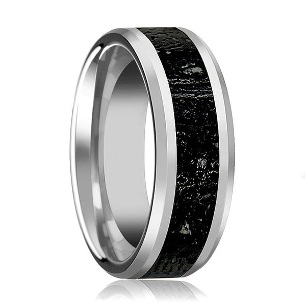 Men's Polished Tungsten Wedding Band with Black & Gray Lava Rock Stone Inlay & Beveled Edges