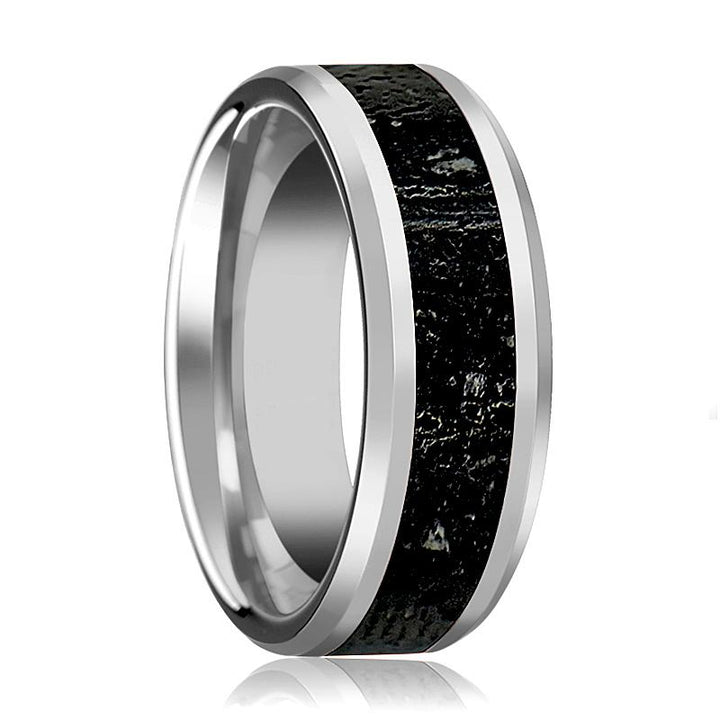 Men's Polished Tungsten Wedding Band with Black & Gray Lava Rock Stone Inlay & Beveled Edges - Rings - Aydins Jewelry - 1