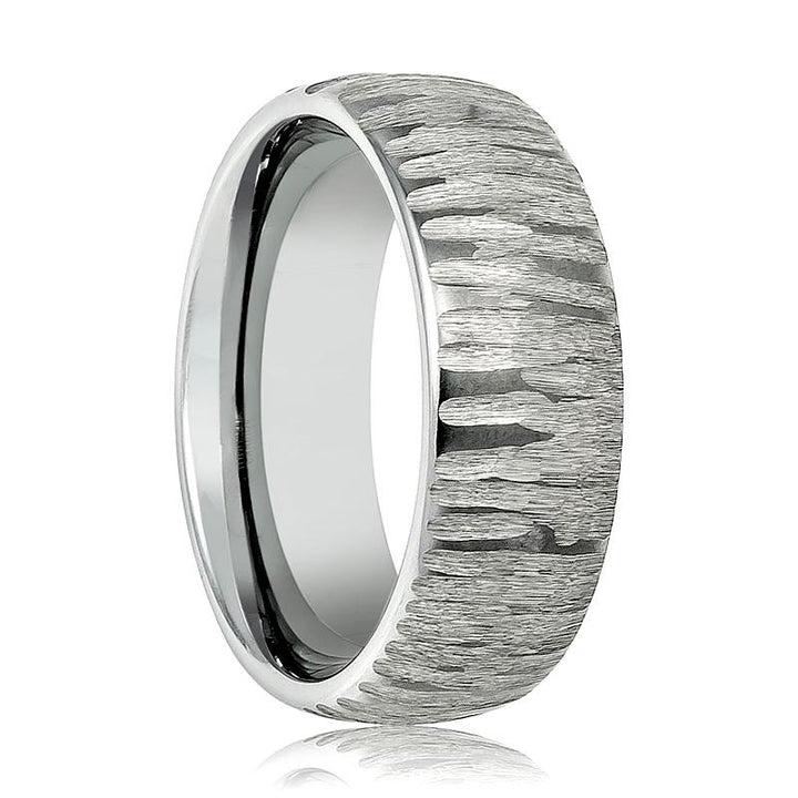 ARBORIX | Silver Tungsten Ring, Tree Bark Carved Textured, Domed