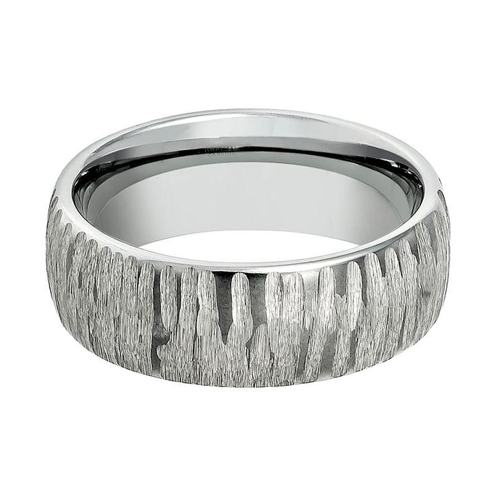 ARBORIX | Silver Tungsten Ring, Tree Bark Carved Textured, Domed