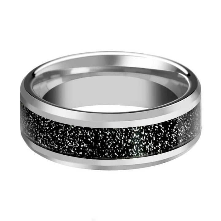 STORMIC | Silver Tungsten Ring, Black Sandstone Carbon Fiber Inlay, Beveled - Rings - Aydins Jewelry - 2