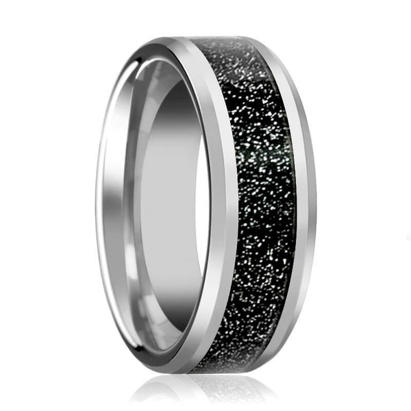 Men's Silver Tungsten Wedding Band with Black Sandstone Carbon Fiber Inlay & Beveled Edges - 8MM - Rings - Aydins Jewelry