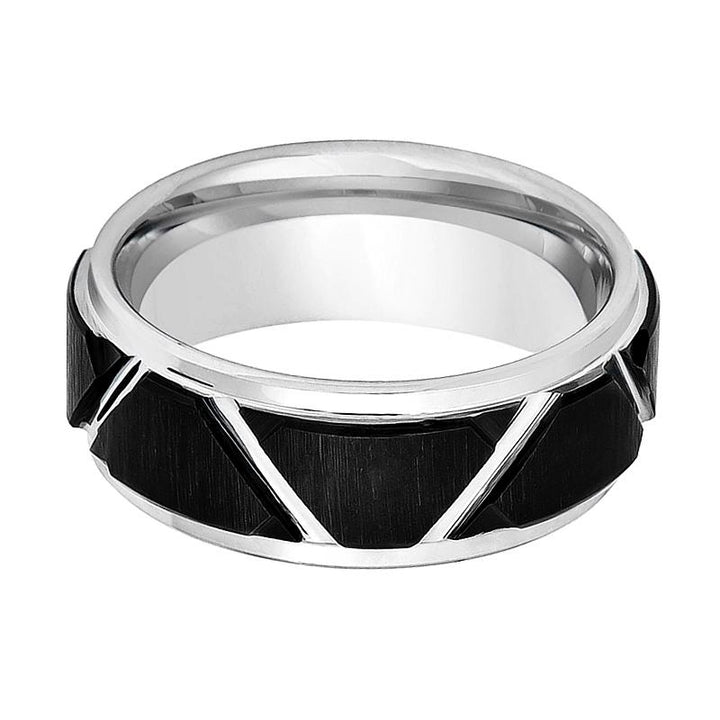 SILVERTROID | Silver Tungsten Ring, Black Trapezoid Design, Stepped Edge - Rings - Aydins Jewelry - 2