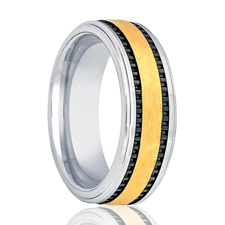 TREGAN | Silver Tungsten Ring, Gold Center, Two Black Grooved, Stepped Edge - Rings - Aydins Jewelry - 1