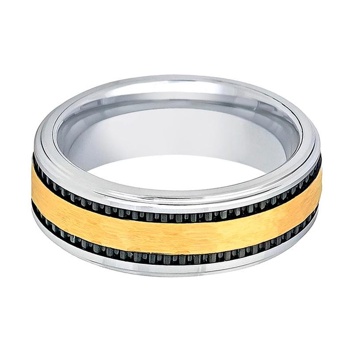 TREGAN | Silver Tungsten Ring, Gold Center, Two Black Grooved, Stepped Edge