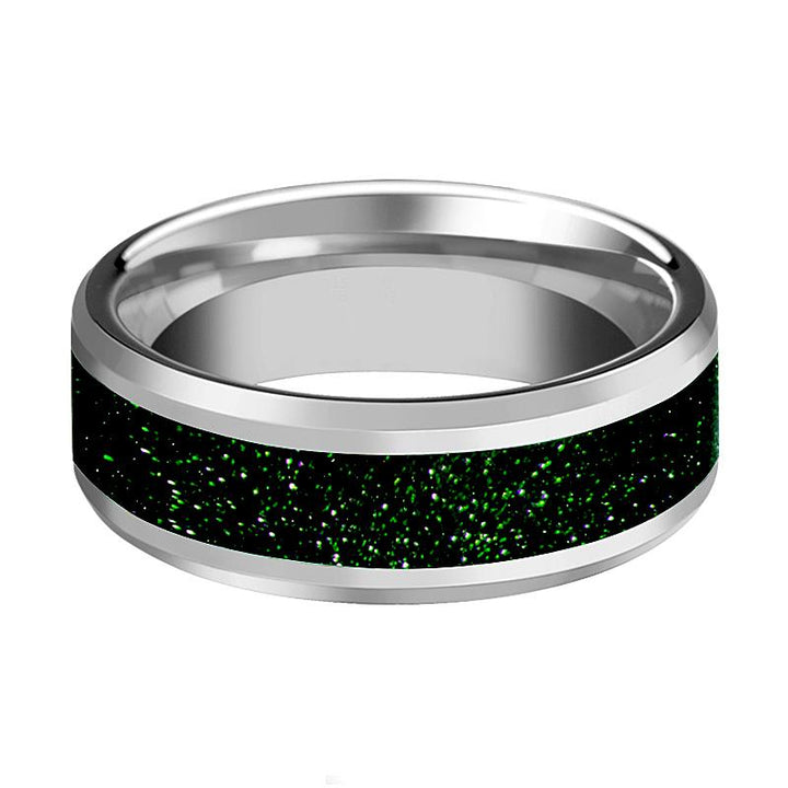 Men's Silver Tungsten Wedding Band with Green Goldstone Inlay and Beveled Edges - 8MM - Rings - Aydins Jewelry - 2