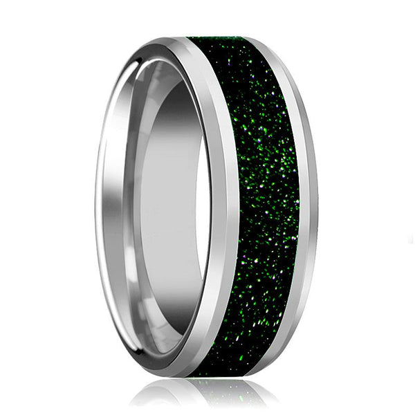 Men's Silver Tungsten Wedding Band with Green Goldstone Inlay and Beveled Edges - 8MM - Rings - Aydins Jewelry - 1
