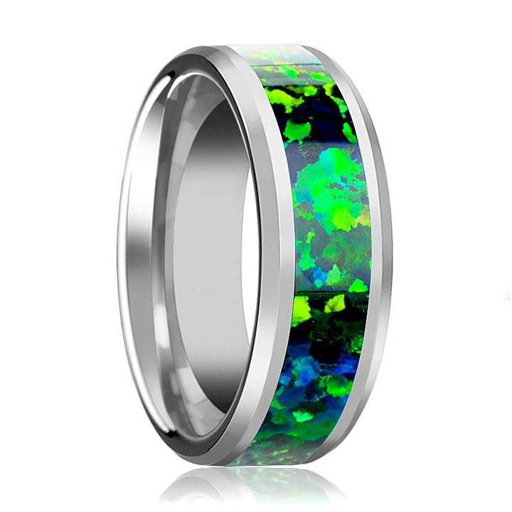 Men's Tungsten Beveled Wedding Band with Emerald Green and Sapphire Blue Opal Inlay - Rings - Aydins Jewelry