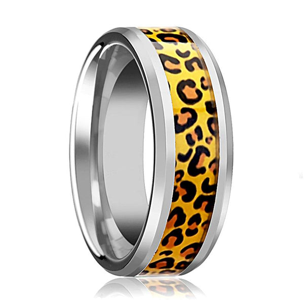 Men's Tungsten Wedding Band with Cheetah Print Animal Design Inlay and Bevels - 6MM - 8MM - Rings - Aydins Jewelry - 1