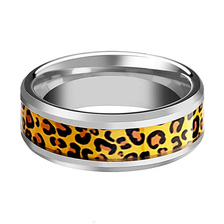 Men's Tungsten Wedding Band with Cheetah Print Animal Design Inlay and Bevels - 6MM - 8MM - Rings - Aydins Jewelry - 2