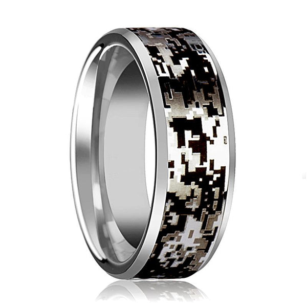 Men's Tungsten Wedding Band with Digital Camouflage Inlay and Beveled Edges - 8MM