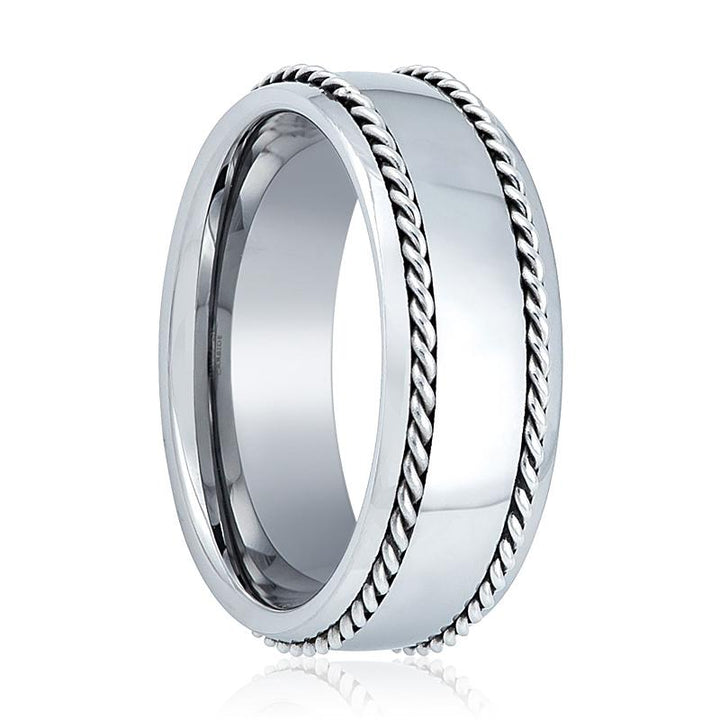 Men's Tungsten Wedding Band with Double Silver Sterling Rope Edges Polished Finish - Rings - Aydins Jewelry