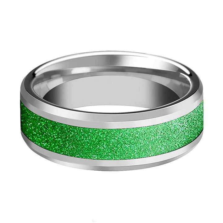 Men's Tungsten Wedding Band with Green Sparkling Inlay and Bevels - 8MM - Rings - Aydins Jewelry - 2