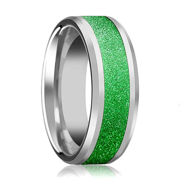 Men's Tungsten Wedding Band with Green Sparkling Inlay and Bevels - 8MM - Rings - Aydins Jewelry - 1