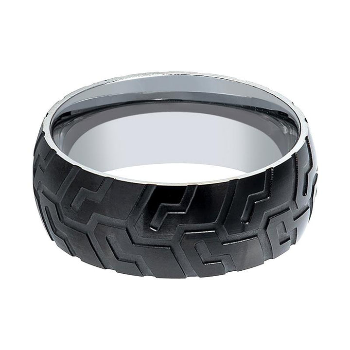 Men's Tungsten Wedding Band with Laser Engraved Tire Tread Pattern - 9MM - Rings - Aydins Jewelry