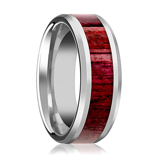 MAUVE | Silver Tungsten Ring, Purple Heart Wood Inlay, Beveled