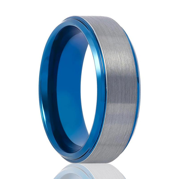OCEANIC | Blue Tungsten Ring, Brushed Center & Blue Stepped Edge - Rings - Aydins Jewelry - 1