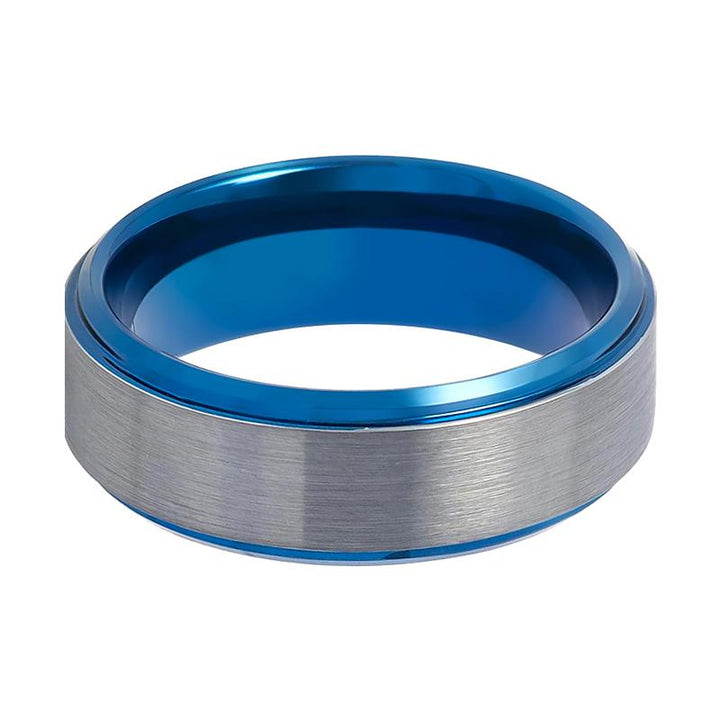 OCEANIC | Blue Tungsten Ring, Brushed Center & Blue Stepped Edge