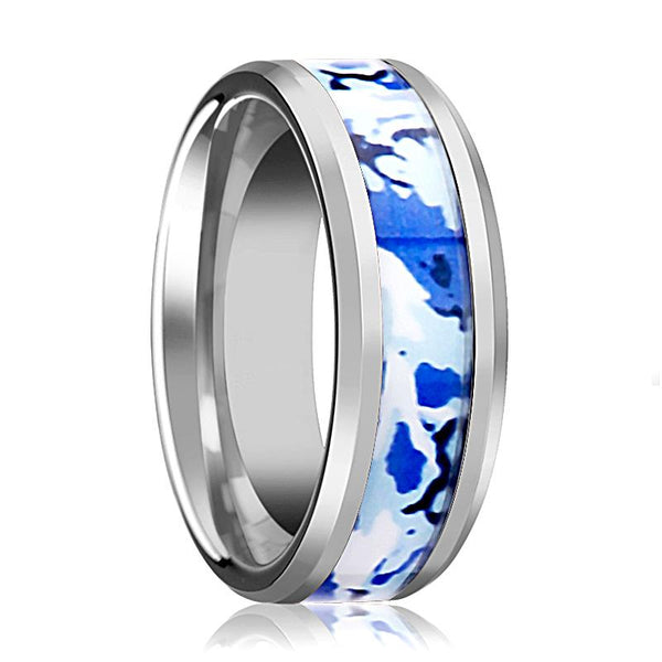Men's Tungsten Wedding Ring Inlaid With Blue & White Camouflage Beveled Edges