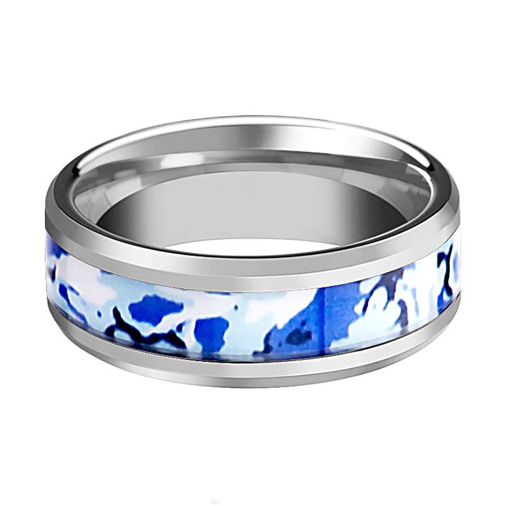 Men's Tungsten Wedding Ring Inlaid With Blue & White Camouflage Beveled Edges - Rings - Aydins Jewelry - 2