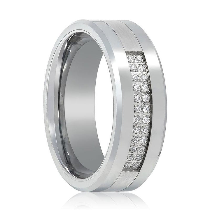 SPARKLUXE | Silver Tungsten Ring, 24 Diamond Stimulant CZ, Beveled - Rings - Aydins Jewelry - 1