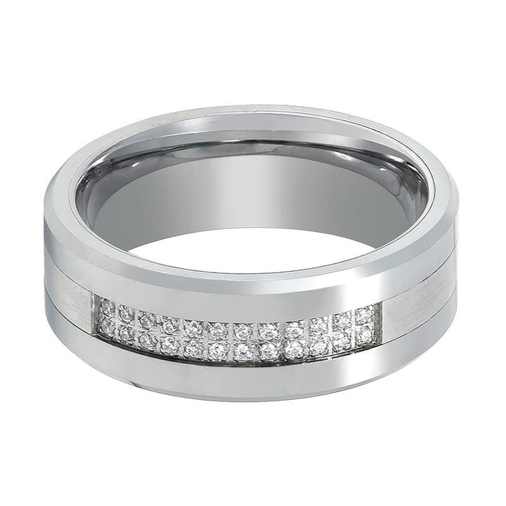 SPARKLUXE | Silver Tungsten Ring, 24 Diamond Stimulant CZ, Beveled - Rings - Aydins Jewelry - 2