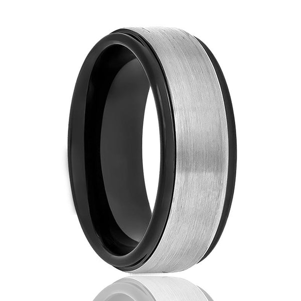 SPHERE | Black Tungsten Ring, Grey Brushed Center, Stepped Edge - Rings - Aydins Jewelry - 1