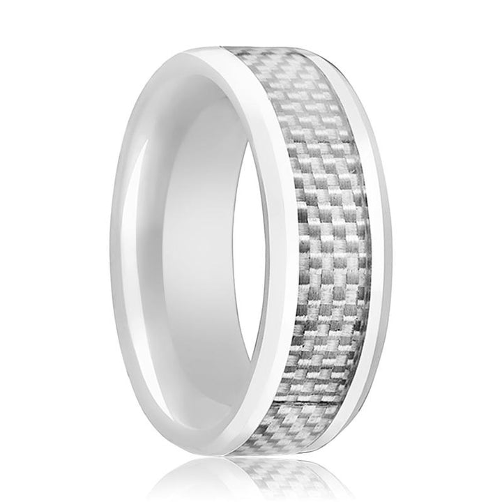 KENYON | White Ceramic Ring, White Carbon Fiber Inlay, Beveled - Rings - Aydins Jewelry - 1