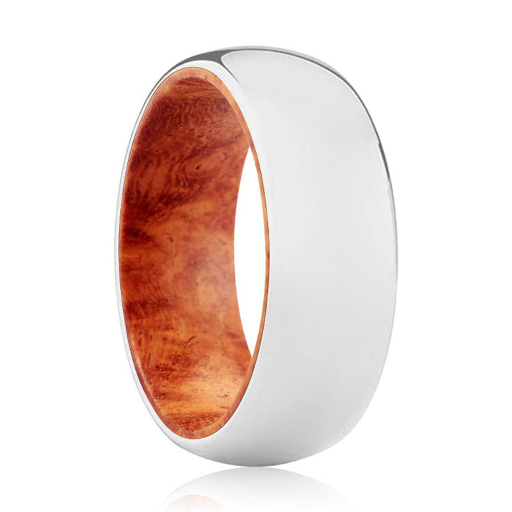 MEPHISTO | Red Burl Wood, Silver Tungsten Ring, Shiny, Domed - Rings - Aydins Jewelry - 1