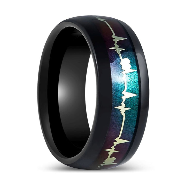MERKATOS | Black Tungsten Ring with Rainbow and EKG Cutout - Rings - Aydins Jewelry - 1
