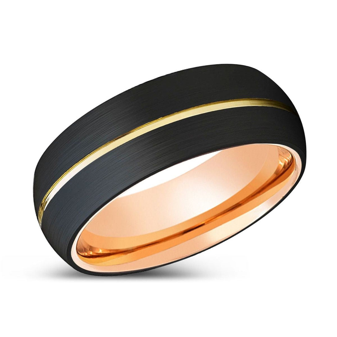 METOD | Rose Gold Ring, Black Tungsten Ring, Gold Groove, Domed - Rings - Aydins Jewelry - 2