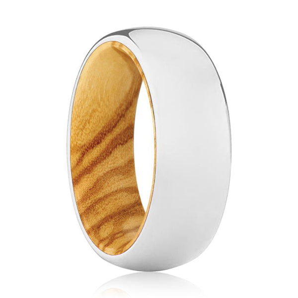 MIGHTY | Olive Wood, Silver Tungsten Ring, Shiny, Domed