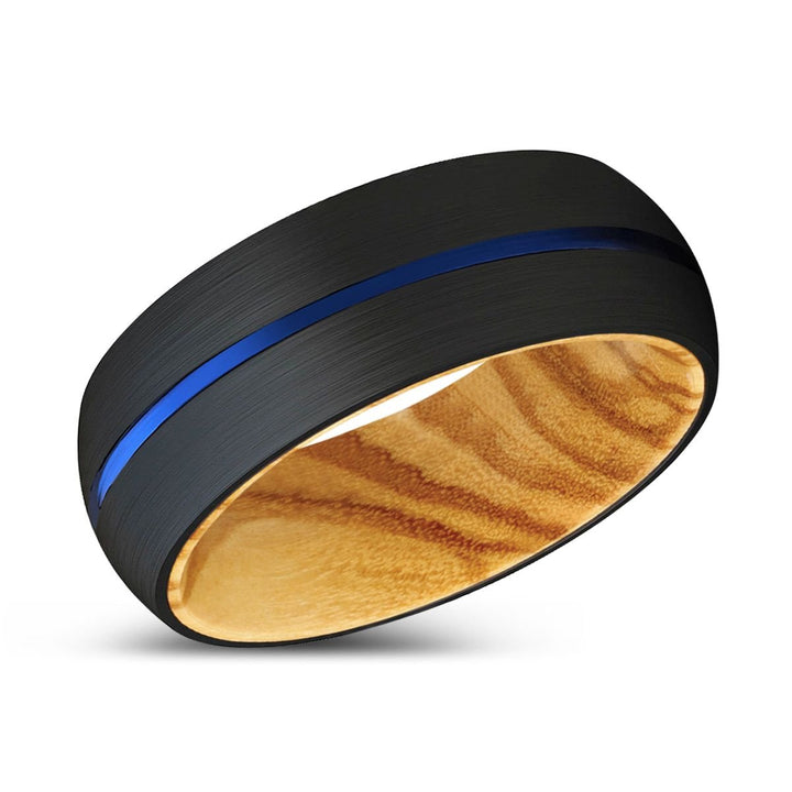 MIKEY | Olive Wood, Black Tungsten Ring, Blue Groove, Domed - Rings - Aydins Jewelry - 2