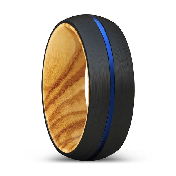 MIKEY | Olive Wood, Black Tungsten Ring, Blue Groove, Domed - Rings - Aydins Jewelry - 1