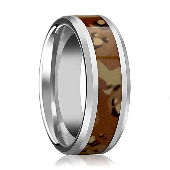 Military Camo Ring - Men's Tungsten Wedding Band W/ Desert Camouflage Inlay and Bevels - 8MM - Rings - Aydins Jewelry - 1