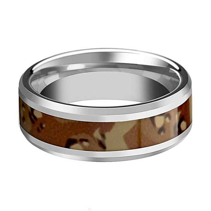Military Camo Ring - Men's Tungsten Wedding Band W/ Desert Camouflage Inlay and Bevels - 8MM - Rings - Aydins Jewelry - 2