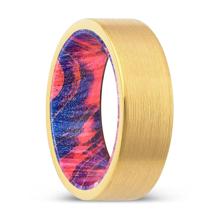 MILLSTONE | Blue & Red Wood, Gold Tungsten Ring, Brushed, Flat - Rings - Aydins Jewelry - 1