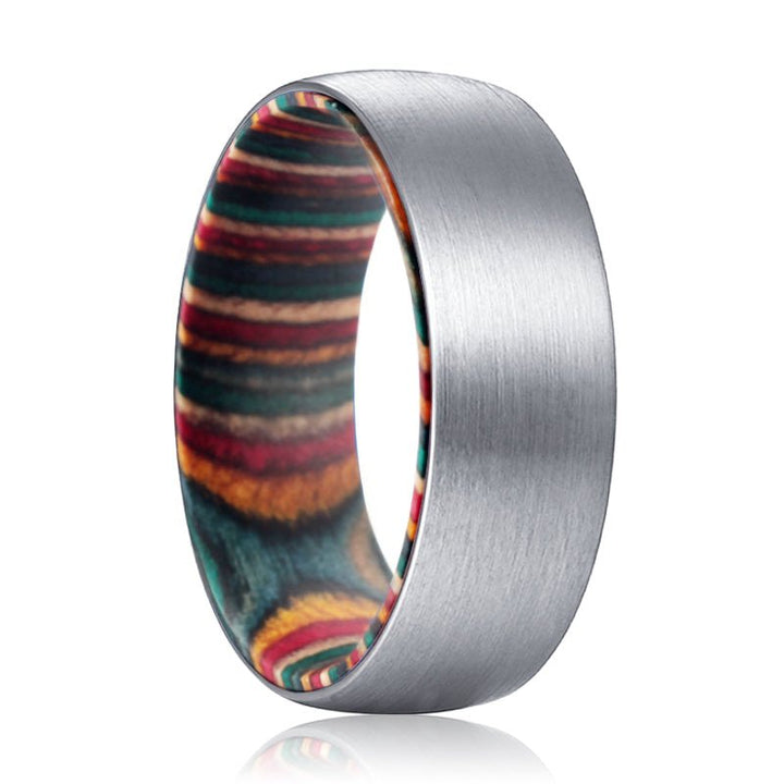 MIRAGE | Multi Color Wood, Silver Tungsten Ring, Brushed, Domed - Rings - Aydins Jewelry - 1