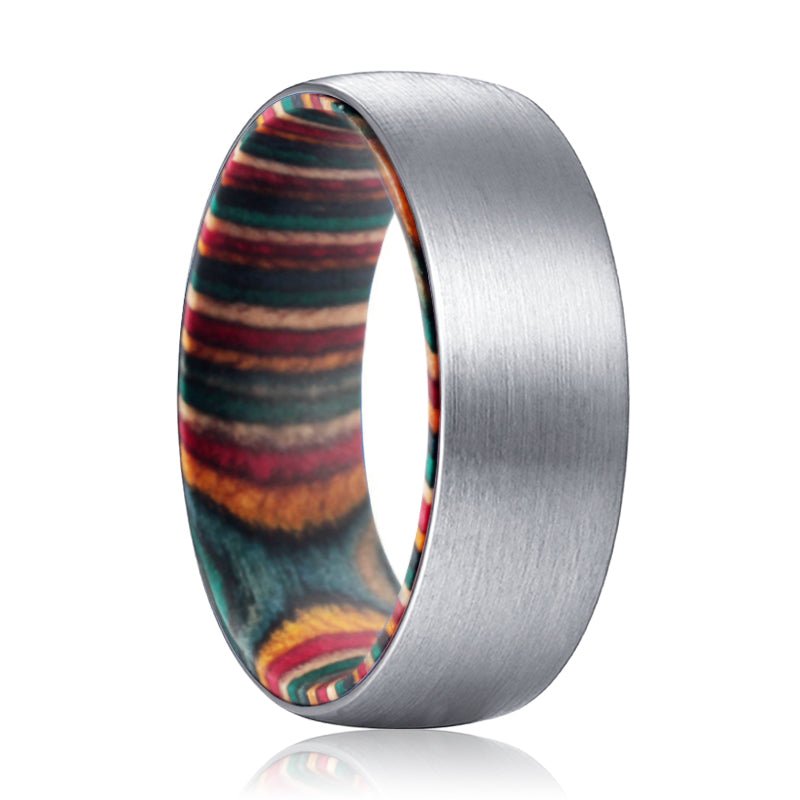 MIRAGE | Multi Color Wood, Silver Tungsten Ring, Brushed, Domed