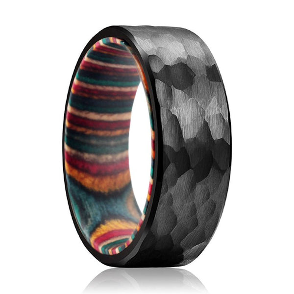 MIRAI | Multi Color Wood, Black Tungsten Ring, Hammered, Flat - Rings - Aydins Jewelry - 1