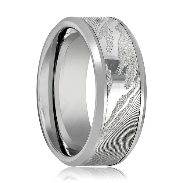 VESPER | Silver Tungsten Ring, Mokume Gane, Wood Grain Pattern, Beveled Edge - Rings - Aydins Jewelry - 1
