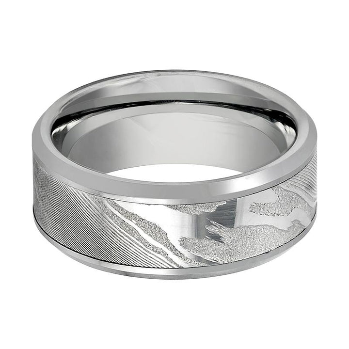 VESPER | Silver Tungsten Ring, Mokume Gane, Wood Grain Pattern, Beveled Edge