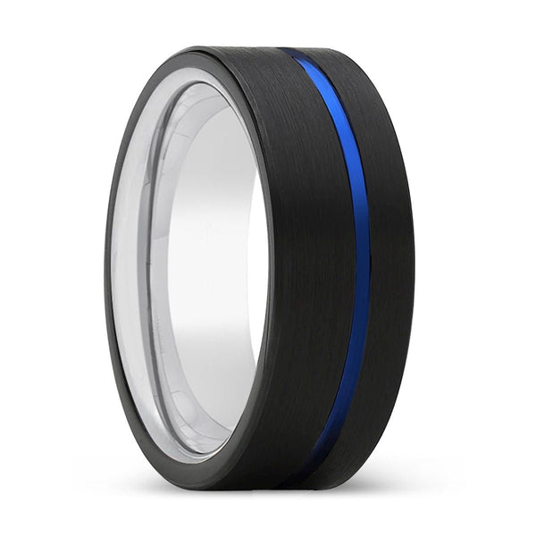 MOMENTO | Silver Ring, Black Tungsten Ring, Blue Offset Groove, Flat - Rings - Aydins Jewelry - 1