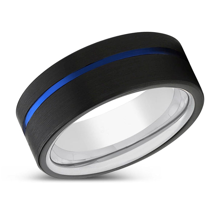 MOMENTO | Silver Ring, Black Tungsten Ring, Blue Offset Groove, Flat - Rings - Aydins Jewelry - 2